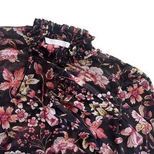 Ivy Ridge Women's L Black Red Floral Ruffle Mock Neck Sheer Mesh Long Sleeve Top